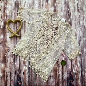 Cream Sheer 3/4 Sleeve Bib Collar Swim Coverup